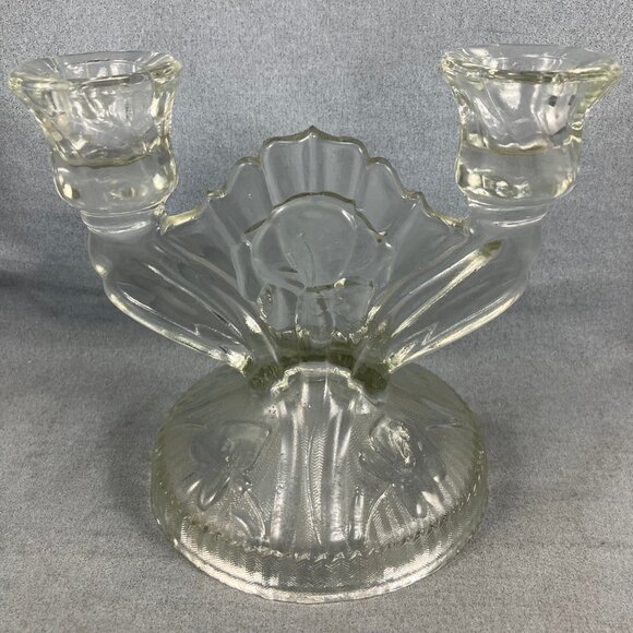 Depression Glass Jeannette Clear Iris & Herringbone Antique Double Candle Holder - Picture 1 of 4
